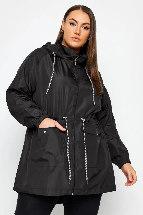 Yours Plus Size Black Drawstring Lightweight Parka Jacket Size 12