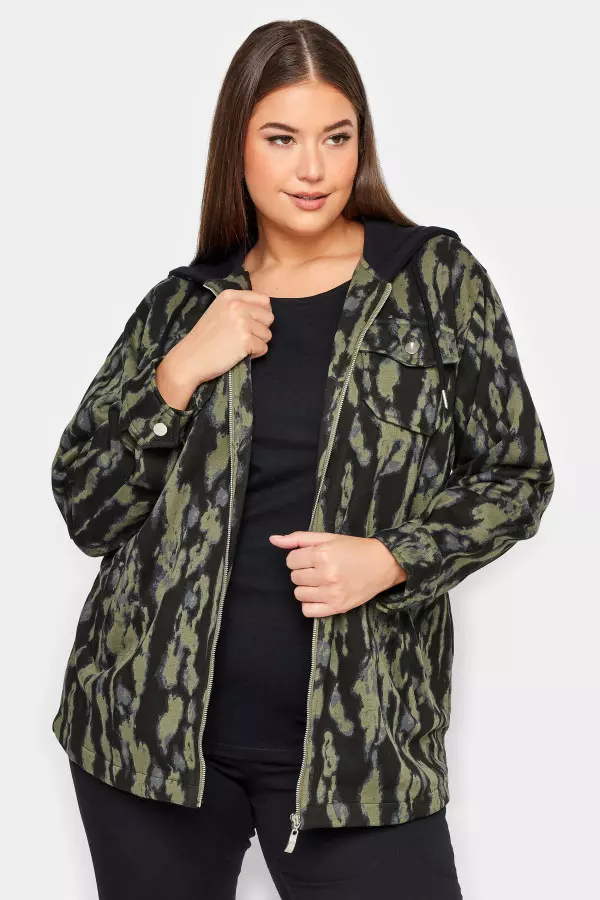 Yours Curve Khaki Green Animal Markings Print Hooded Shacket, Women's Curve & Plus Size, Yours