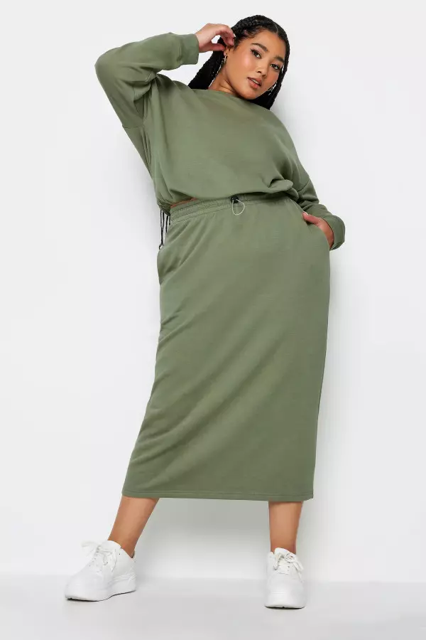 Limited Collection Curve Khaki Green Midi Sweat Skirt, Women's Curve & Plus Size, Limited Collection