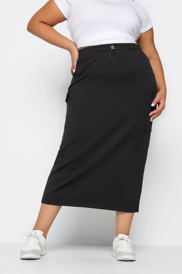 Limited Collection Curve Black Cargo Pocket Midi Sweat Skirt, Women's Curve & Plus Size, Limited Collection