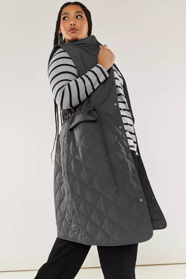 Yours Curve Grey Lightweight Quilted Midi Gilet, Women's Curve & Plus Size, Yours