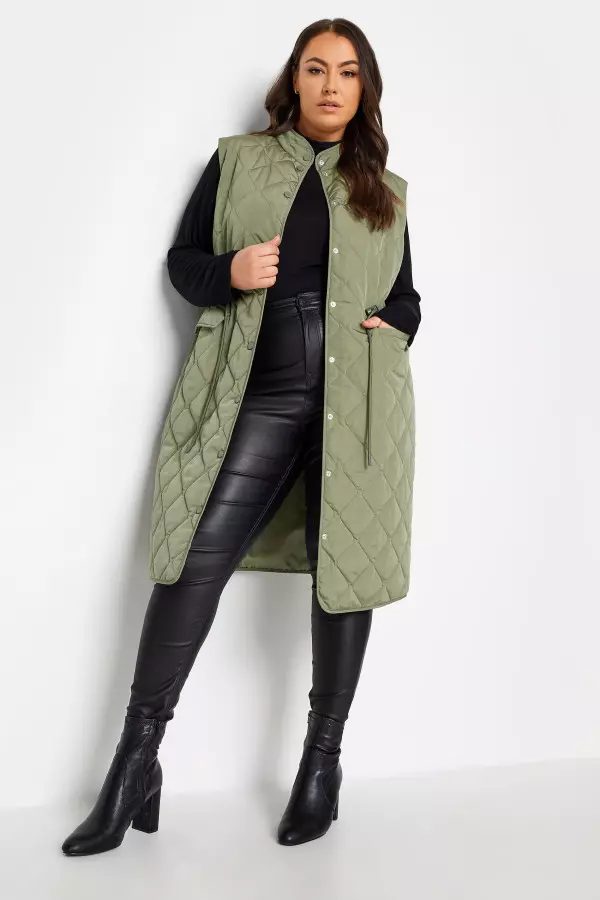 Yours Curve Green Lightweight Quilted Midi Gilet, Women's Curve & Plus Size, Yours