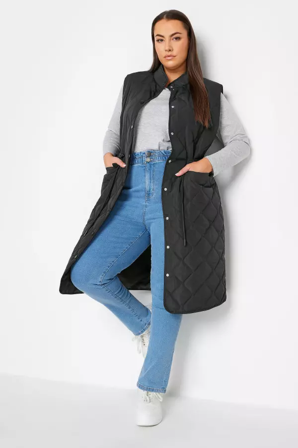 Yours Curve Black Lightweight Quilted Midi Gilet, Women's Curve & Plus Size, Yours