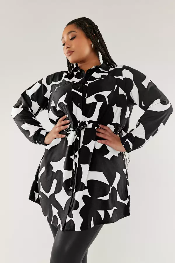Yours Curve Black & White Abstract Print Utility Tunic Shirt, Women's Curve & Plus Size, Yours