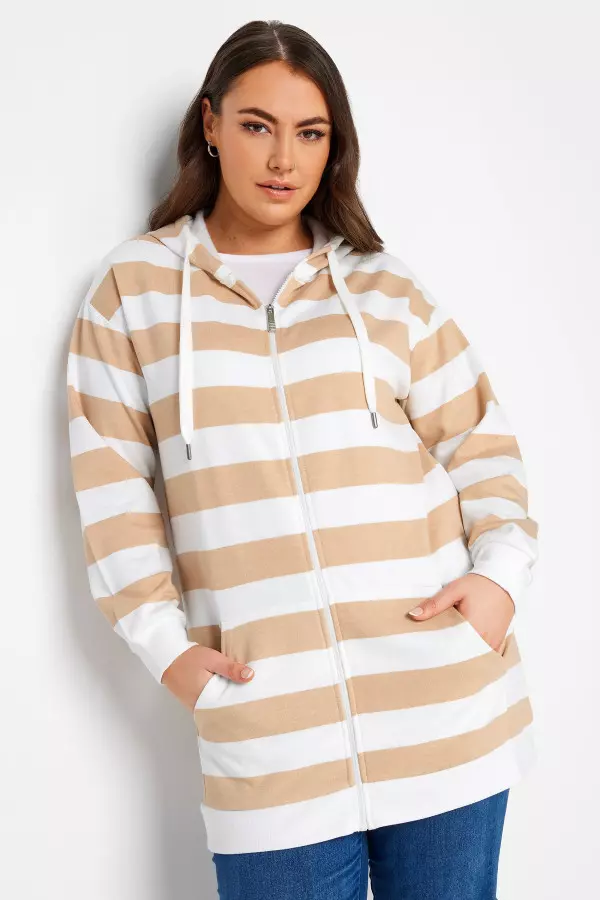 Yours Curve Brown Stripe Zip Through Hoodie, Women's Curve & Plus Size, Yours