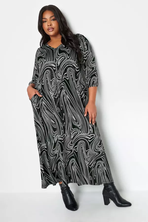 Yours Curve Black Abstract Foil Print Midaxi Dress, Women's Curve & Plus Size, Yours