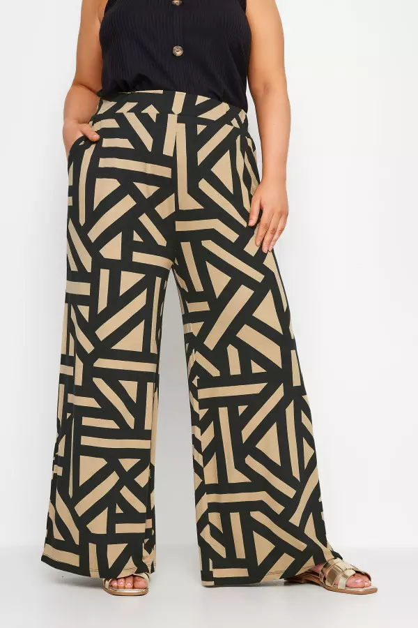 Yours Curve Beige Brown Geometric Print Wide Leg Trousers, Women's Curve & Plus Size, Yours
