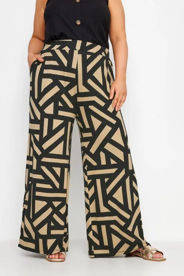 Yours Plus Size Beige Brown Geometric Print Wide Leg Trousers Size 26