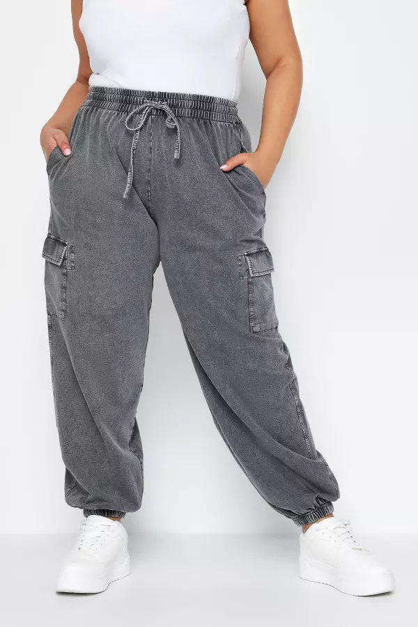 Limited Collection Curve Grey Acid Wash Cuffed Cargo Joggers, Women's Curve & Plus Size, Limited Collection