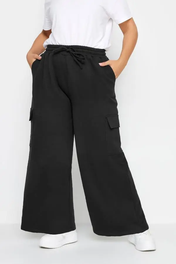 Yours Curve Black Wide Leg Cargo Joggers, Women's Curve & Plus Size, Yours