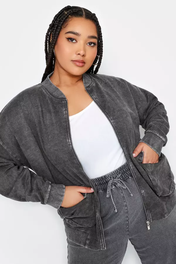 Limited Collection Curve Grey Acid Wash Bomber Jacket, Women's Curve & Plus Size, Limited Collection