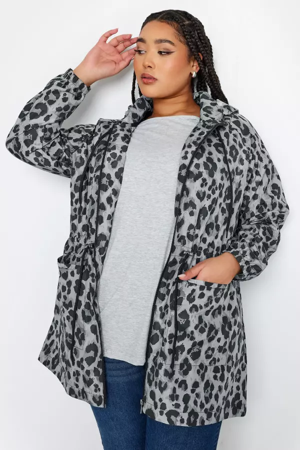 Yours Curve Grey Animal Print Lightweight Parka Jacket, Women's Curve & Plus Size, Yours