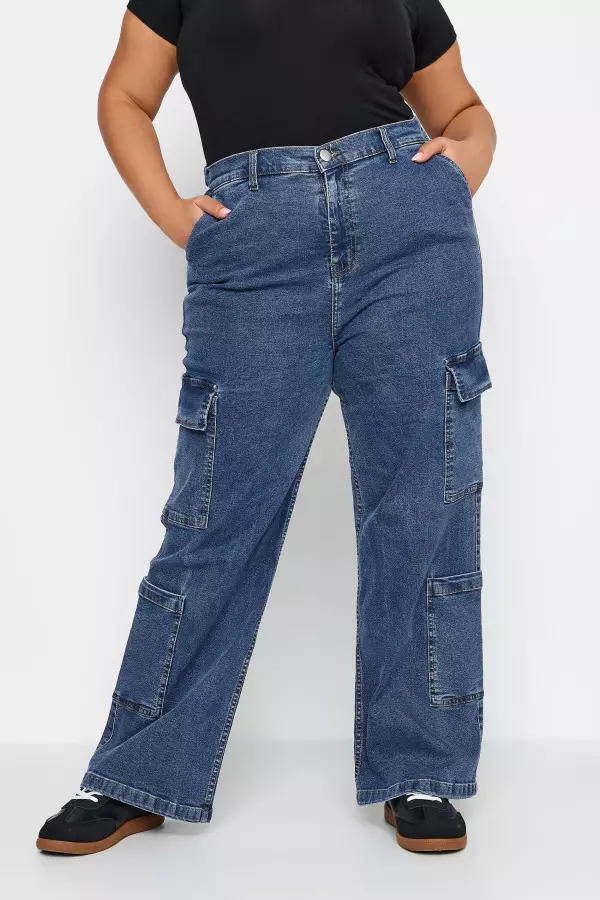 Limited Collection Curve Blue Mid Wash Wide Leg Cargo Jeans, Women's Curve & Plus Size, Limited Collection