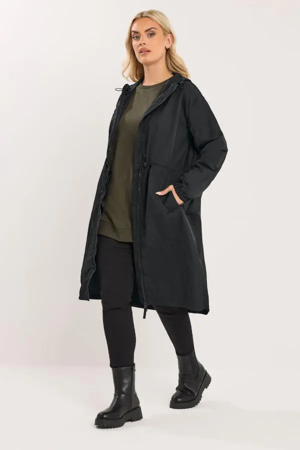 Yours Plus Size Black Lightweight Longline Parka Jacket Size 14