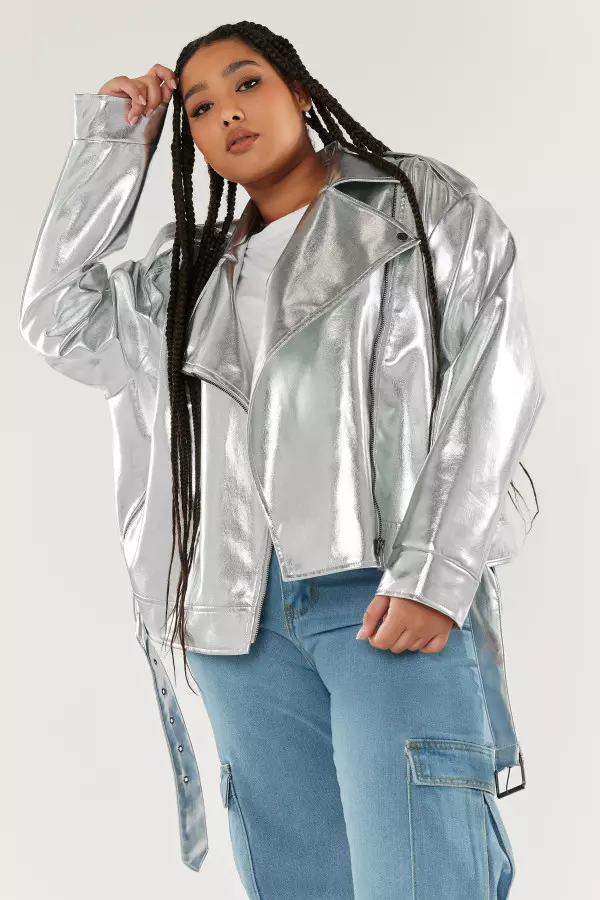 Limited Collection Curve Silver Metallic Biker Jacket, Women's Curve & Plus Size, Limited Collection