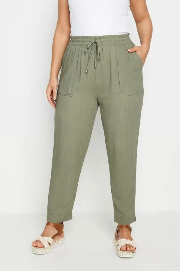 Yours Plus Size Khaki Green Tie Front Linen Joggers Size 18