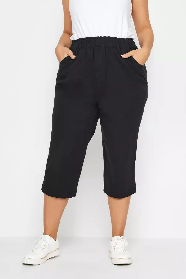 Yours Curve Black Elasticated Cropped Trousers, Women's Curve & Plus Size, Yours