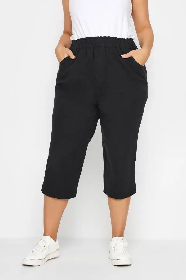 Yours Plus Size Black Elasticated Cool Cotton Cropped Trousers Size 22-24