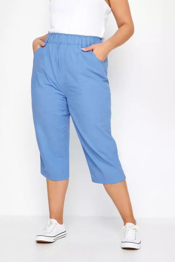 Yours Curve Blue Elasticated Cropped Trousers, Women's Curve & Plus Size, Yours