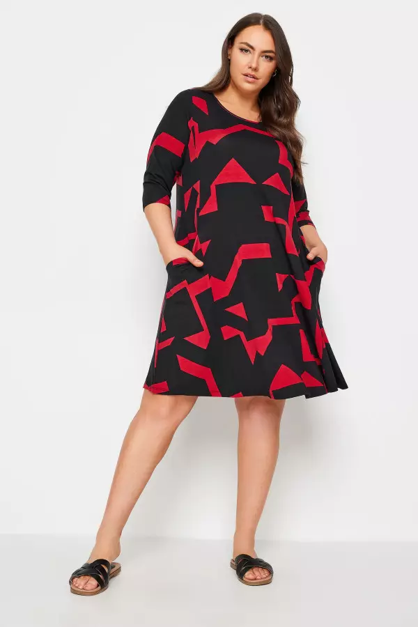 Yours Curve Red Abstract Print Pocket Dress, Women's Curve & Plus Size, Yours