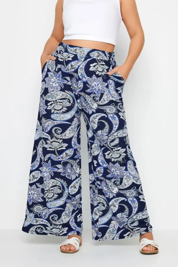 Yours Plus Size Blue Paisley Print Wide Leg Trouser Size 24