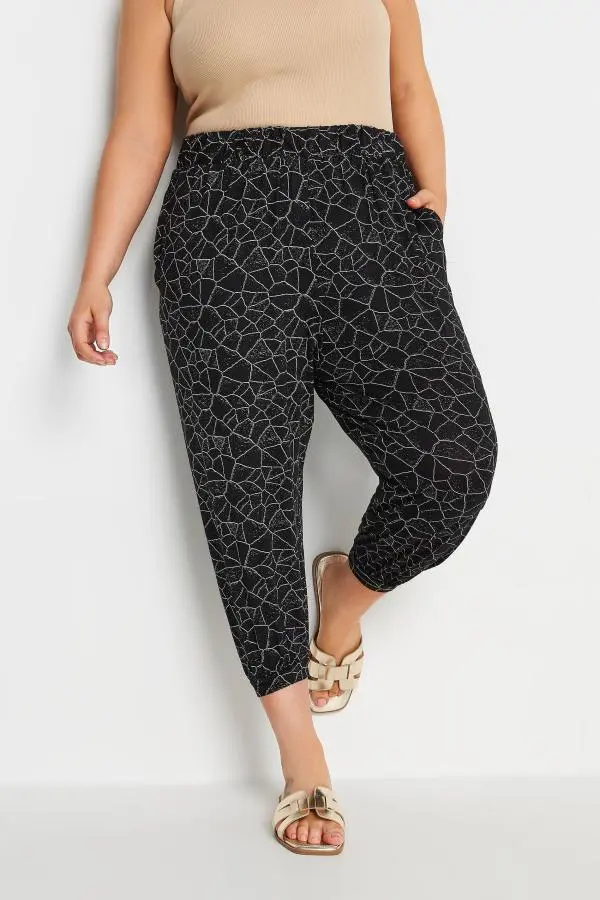 Yours Plus Size Black Geometric Print Cropped Harem Joggers Size 26-28