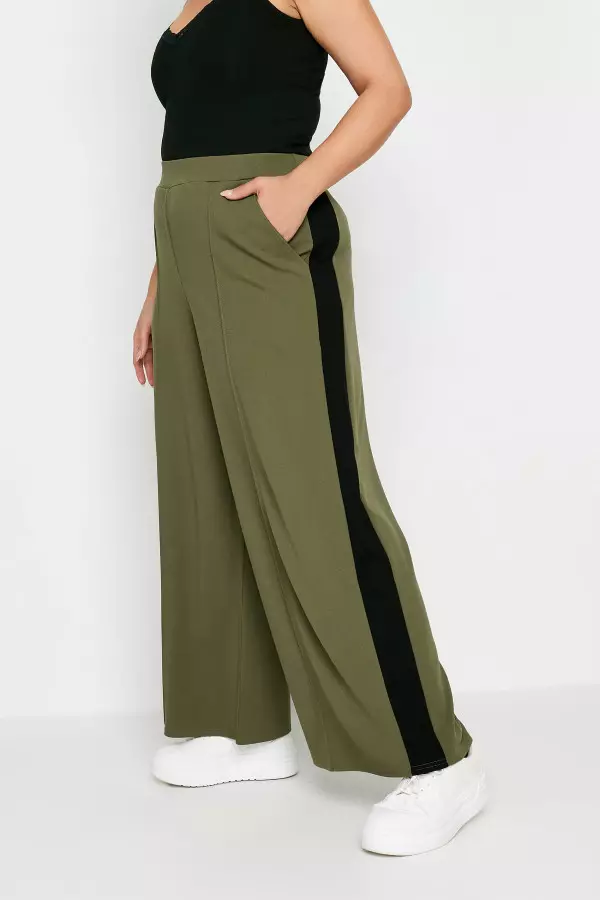 Yours Curve Khaki Green Side Stripe Wide Leg Trousers, Women's Curve & Plus Size, Yours