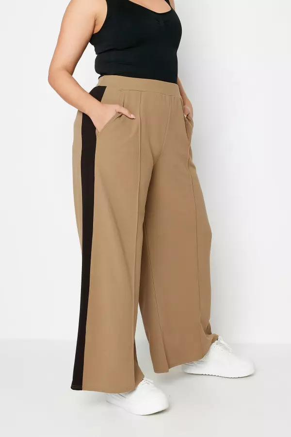 Yours Curve Beige Brown Side Stripe Wide Leg Trousers, Women's Curve & Plus Size, Yours