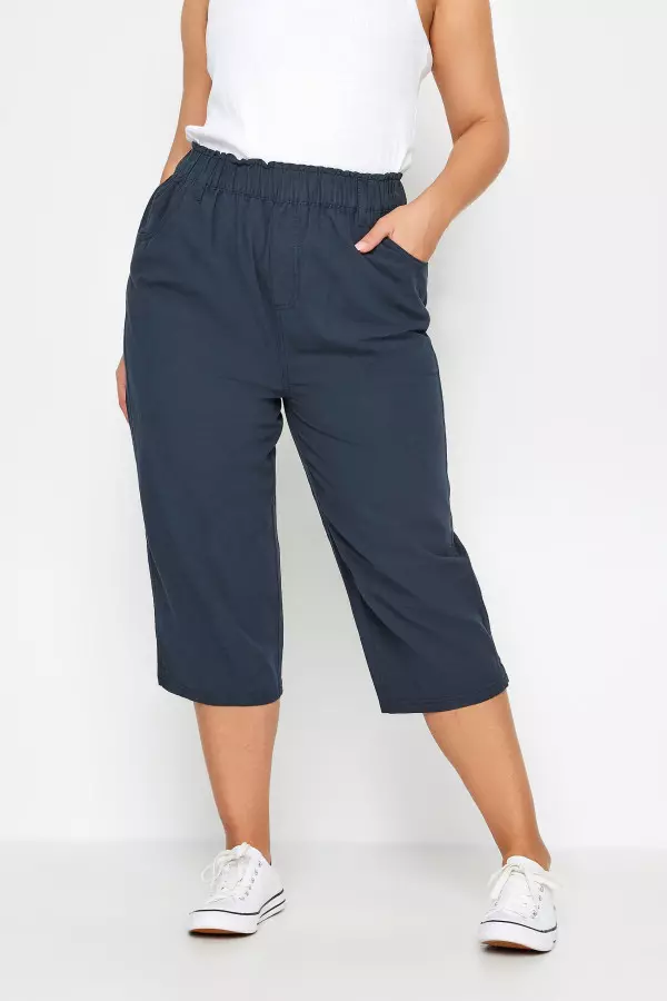 Yours Curve Navy Blue Cool Cotton Cropped Trousers, Women's Curve & Plus Size, Yours