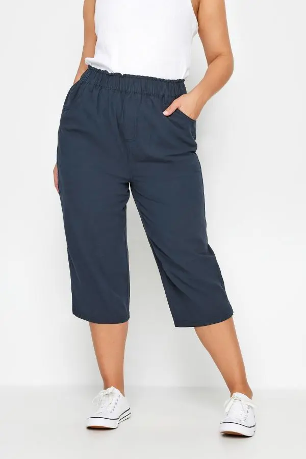 Yours Plus Size Navy Blue Cool Cotton Cropped Trousers Size 34-36