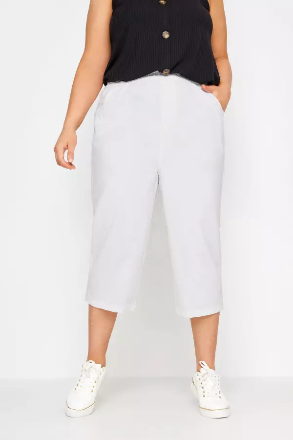 Yours Curve White Cool Cotton Cropped Trousers, Women's Curve & Plus Size, Yours