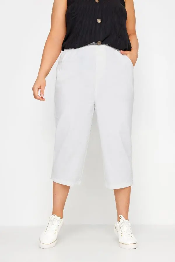 Yours Plus Size White Cool Cotton Cropped Trousers Size 34-36