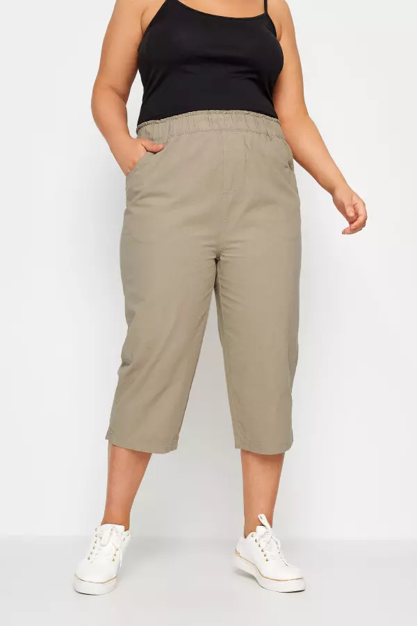 Yours Curve Beige Brown Cool Cotton Cropped Trousers, Women's Curve & Plus Size, Yours