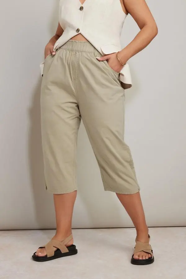Yours Plus Size Beige Brown Cool Cotton Cropped Trousers Size 30-32