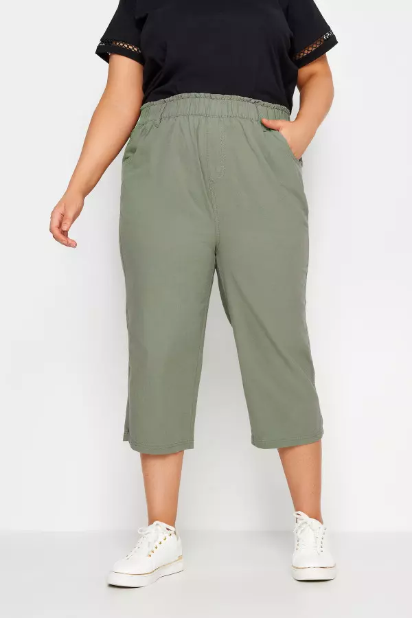 Yours Curve Green Khaki Cool Cotton Cropped Trousers, Women's Curve & Plus Size, Yours