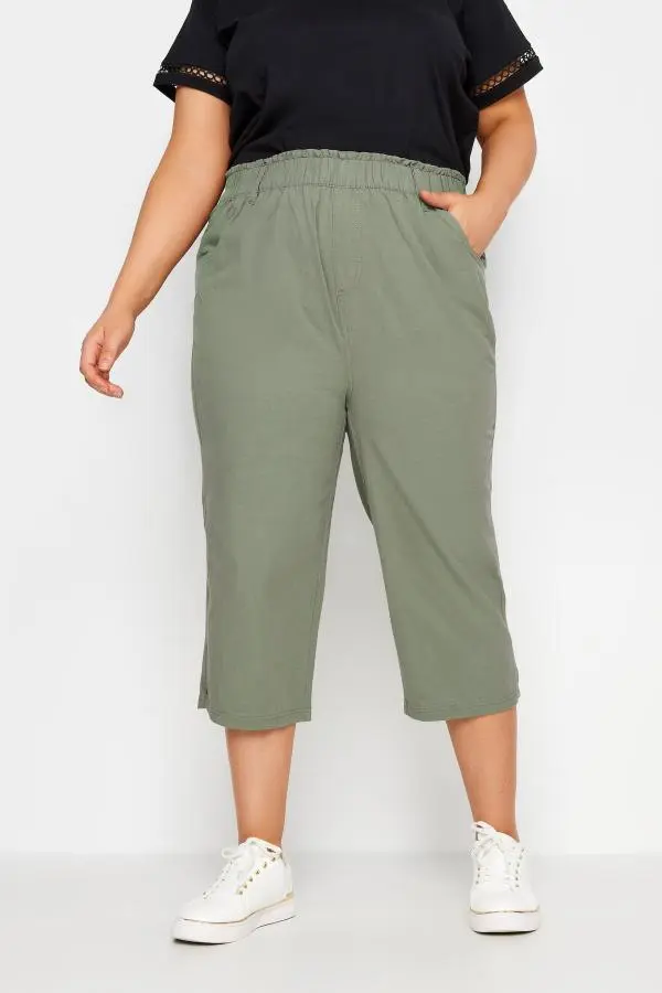 Yours Plus Size Green Khaki Cool Cotton Cropped Trousers Size 30-32