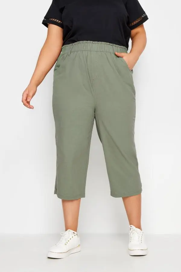 Yours Plus Size Green Khaki Cool Cotton Cropped Trousers Size 34-36