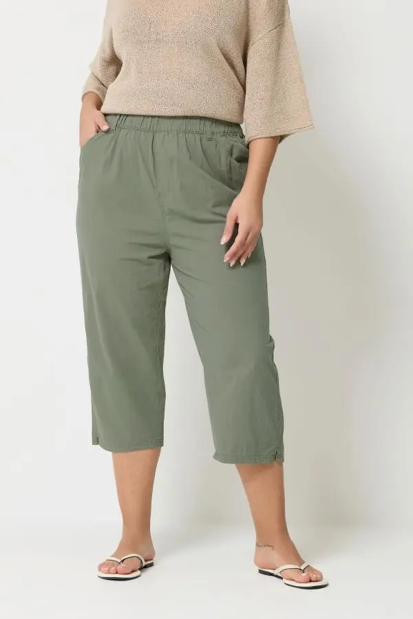 Yours Plus Size Green Khaki Cool Cotton Cropped Trousers Size 34-36