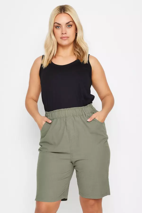 Yours Curve Green Khaki Cool Cotton Shorts, Women's Curve & Plus Size, Yours