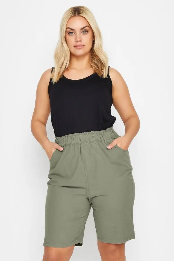 Yours Plus Size Green Khaki Cool Cotton Shorts Size 26-28