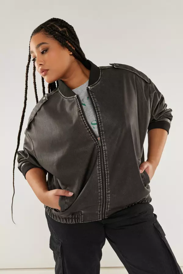 Yours Curve Grey Washed Faux Leather Bomber Jacket, Women's Curve & Plus Size, Yours