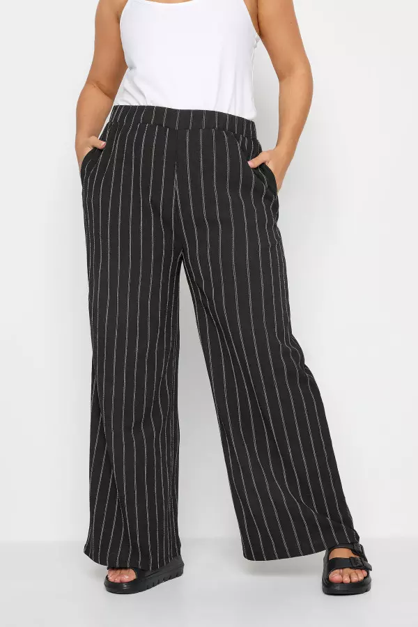 Yours Curve Black Stripe Textured Wide Leg Trousers, Women's Curve & Plus Size, Yours