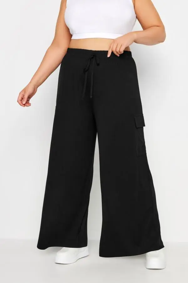 Yours Plus Size Black Jersey Wide Leg Cargo Trousers Size 26-28
