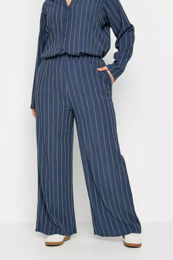 Yours Curve Navy Blue Textured Pinstripe Wide Leg Trousers, Women's Curve & Plus Size, Yours