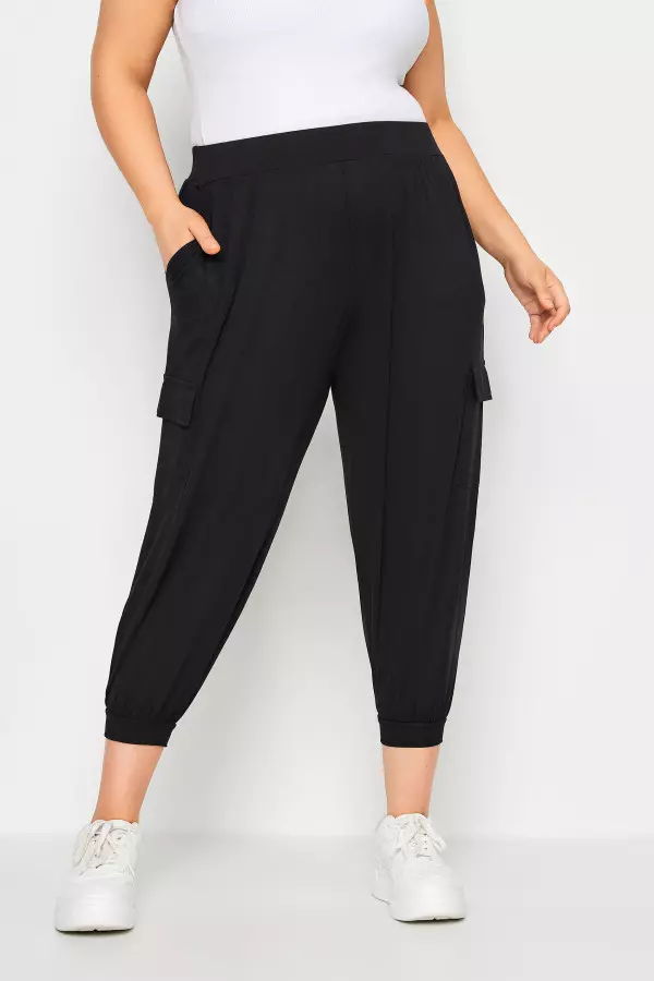 Yours Curve Black Cropped Cargo Harem Trousers, Women's Curve & Plus Size, Yours