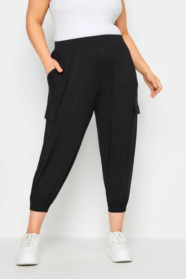 Yours Plus Size Black Cropped Cargo Harem Trousers Size 30-32