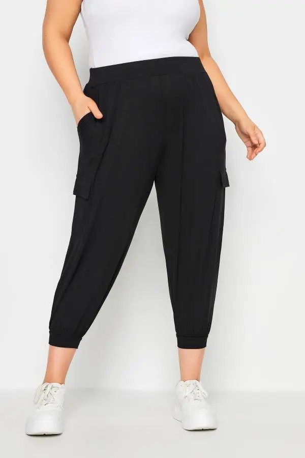 Yours Plus Size Black Cropped Cargo Harem Trousers Size 30-32