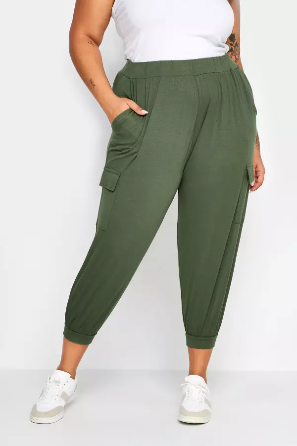 Yours Curve Khaki Green Cropped Cargo Harem Trousers, Women's Curve & Plus Size, Yours