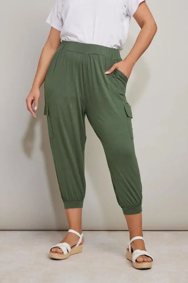 Yours Curve Khaki Green Cropped Cargo Harem Trousers, Women's Curve & Plus Size, Yours