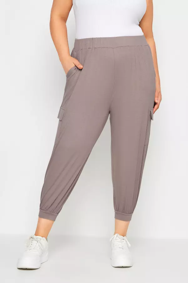 Yours Curve Stone Brown Cropped Cargo Harem Trousers, Women's Curve & Plus Size, Yours
